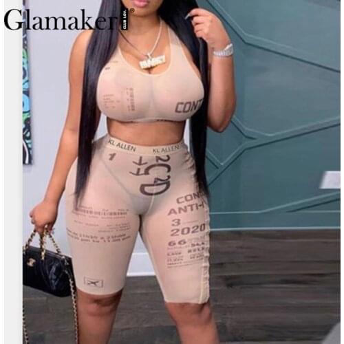 Glamaker Women suits Spring summer halter sexy backless top and shorts Letter printed slim female sportswear 2 piece sets new