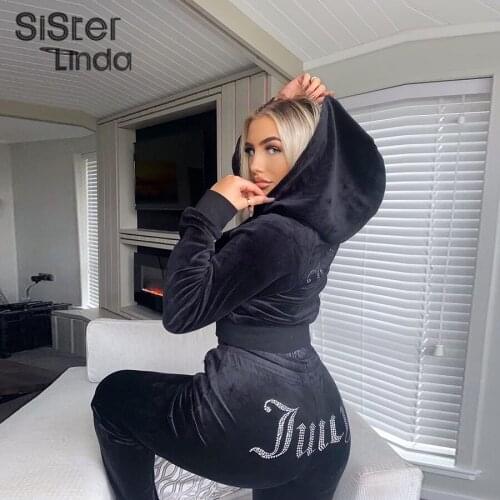 Sisterlinda Velvet Casual Tracksuit Women 2-Piece Suits Letter Rhinestone Hoodies Sweatshirt+High Waist Trousers Female Outfits