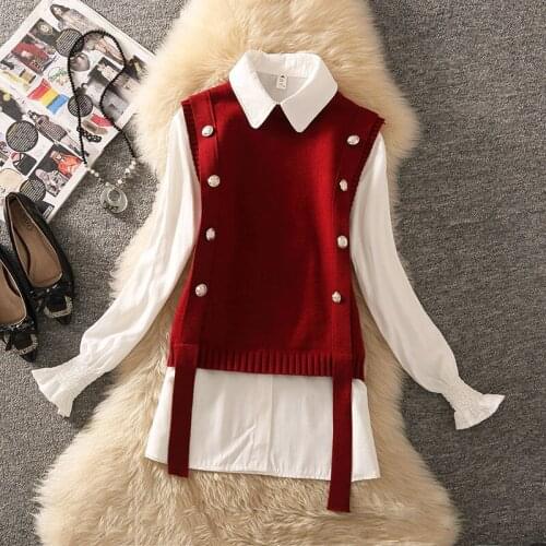 Women 2021 Autumn Winter Fashion Two-piece Suits Female Long Sleeves Chiffon Shirts Ladies Solid Color Knitted Vest Sets O240