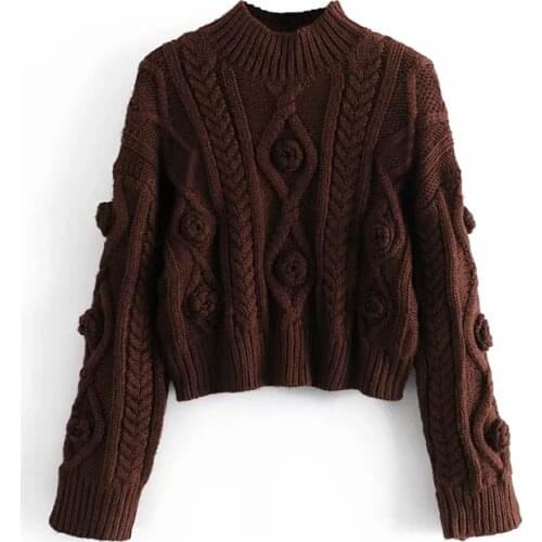 ZA Women 2020 New Hand Knitted Sweater Autumn Fashion Brown Crew Neck Sweaters Basic Female Pullover Solid Femme Casual Knitwear