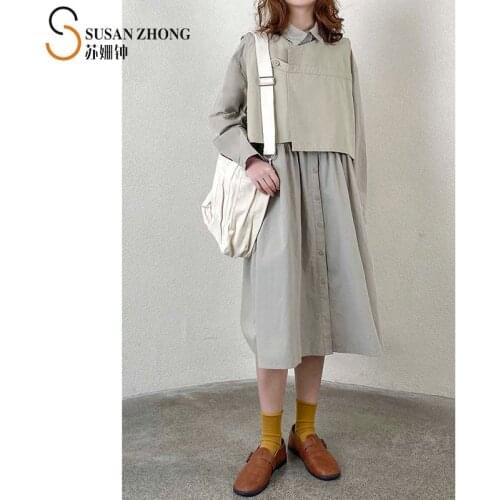Women Dress Shirt Female One-Piece 2021 Spring Summer Natural Normcore Loose A-Line Comfortable Cotton Lantern Sleeve Vest Suit