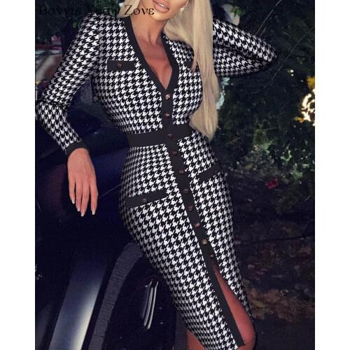Women V Neck Long Sleeve Houndstooth Colorblock Buttoned Work Dress Colorblock Dresses
