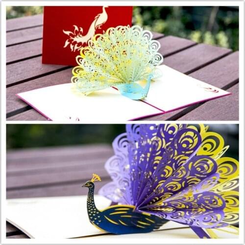 DHL 100pcs Peacock 3D Pop UP Cards Birthday Card for Girl Kids Wife Husband Birthday Cake Greeting Card Postcards Gifts Card