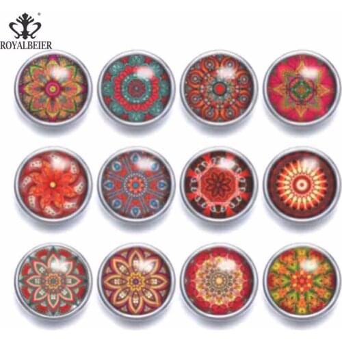 12pcs Glass Charms 12mm Snap Button Red Kaleidoscope Flower Theme Fit Snap Bracelet 12mm Snap Earrings Snap Jewelry KZ0947d