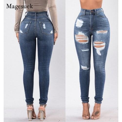 2021 Autumn Women Fashion Denim Jeans Solid Washed Jeans Skinny Jeans for Women Pencil Pants High Waist Ripped Jeans Mujer 16217