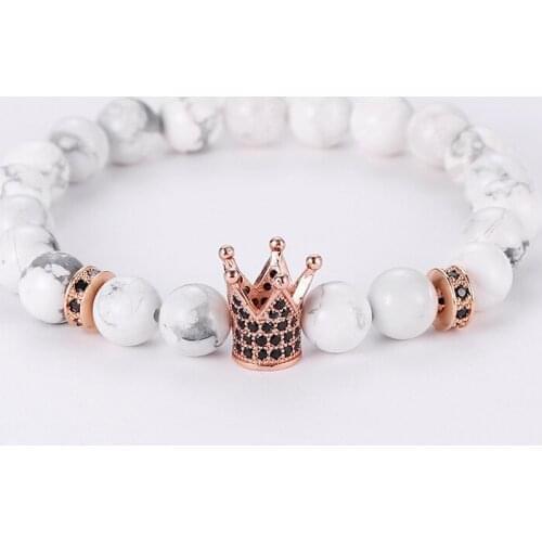 New Simple Micro Inset Crown Single Loop Elastic White Pine Stone Bead Bracelet Bangle Fashion Party Jewelry Gift For Women