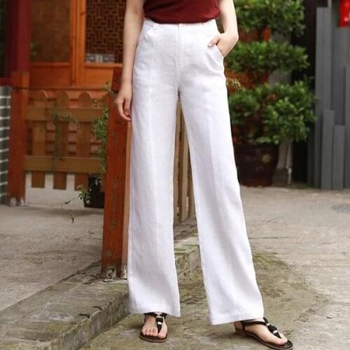 Summer Spring Casual Womens Female Beige Black White Wide Leg Linen Pants , Women Comfortable Korea High Waisted Loose Trousers