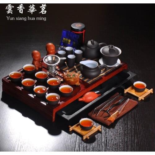 Yixing tea set purple ceramic teapot wedding set of tea cups solid wood tea tray tea ceremony on sale