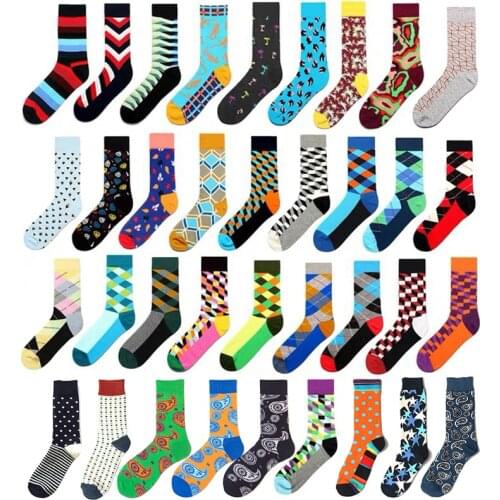 Classic Colorful Cotton Mens Socks Funny Geometric Plaid Striped Happy Casual Harajuku Hip Hop Graphic Socks For Wedding Gift