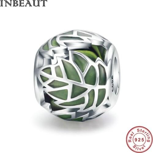 INBEAUT Real 925 Sterling Silver Green Enamel Tree Leaves Round Beads fit Brand Bracelet Natural Plant Charms DIY Jewelry