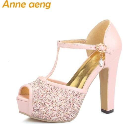 Summer women sandals high heel platform shoes peep toe bling sweet Mary Janes wedding bridal women shoes pink sandals size 33-43