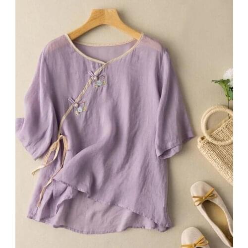 Summer Chinese Style Clothing Women Clothes 2021 Cheongsam Top Chinese Traditional Shirt Blouse Cotton Linen Hanfu Ladies 31222