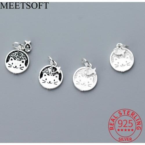 MEETSOFT 100% Sterling Silver Retro Cat And Fish Charms DIY Animal Brand Pendant Accessory Handmade Jewelry Making Finding