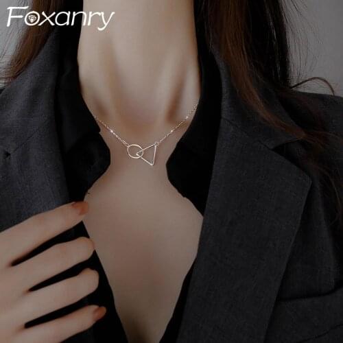 Foxanry Minimalist 925 Sterling Silver Trendy Necklace for Women Creative Hollow Geometric Pendant Elegant Party Jewelry Gifts