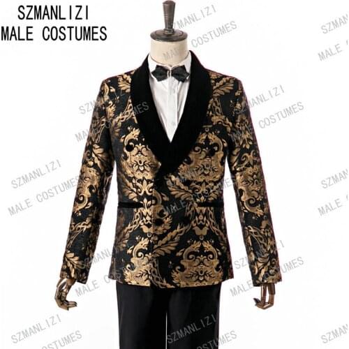 2020 Double Breasted Velvet Shawl Lapel Black Gold Jacquard Dinner Party Groom Wear Men Wedding Suits For Men Prom Tuxedo Blazer