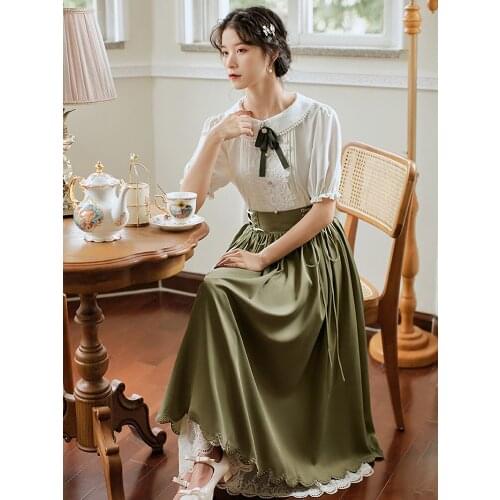 Summer New Style Womens Army Green Retro College Doll Collar Short-Sleeved Embroidery Flower Lace Double-Layer Dress Suit Dress