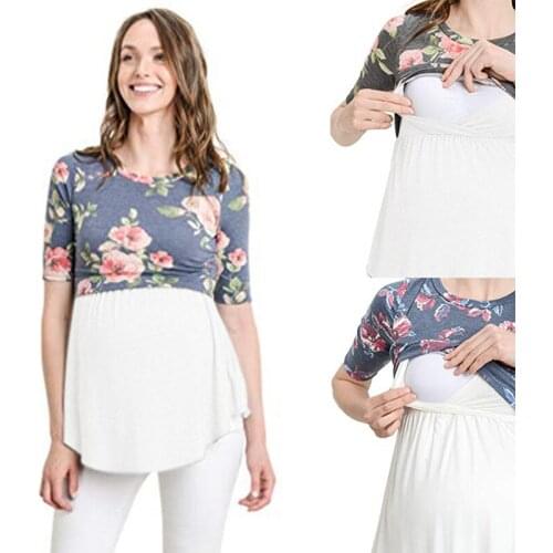 Maternity wear Stitching T-shirt anti-light Round neck short sleeve Print contrast Breastfeeding top