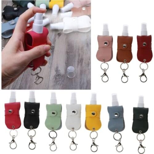 Portable 50ml Squeeze Spray Bottle Empty Leakproof Plastic Refillable Travel Mister Bottle with Leather Keychain Holder