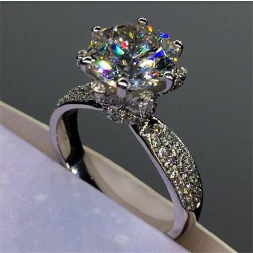 Luxury 2ct Simulated Diamond Engagement Ring Jewelry gift Flower Design Solid 100% 925 Sterling silver Wedding Rings for Women