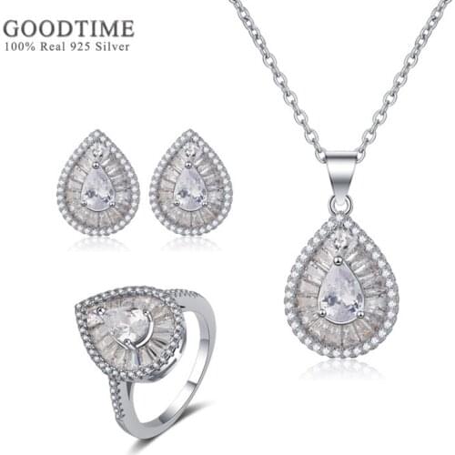 Luxury 925 Sterling Silver Bridal Jewelry Sets Water Drop Zircon Necklace Earrings Ring Rhinestone Accessories For Women Party