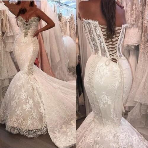 Luxury Beaded Crystal Sweetheart Wedding Dress Robe De Mariee Corset Back Beaded Appliques Lace Mermaid Wedding Gowns For Bride