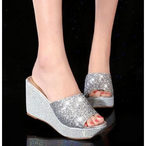 Women Slippers Sandal Heels Wedges Platform Leather Peep toe Crystal Elegant Female Sandals Ladies Mules clogs Summer Shoes