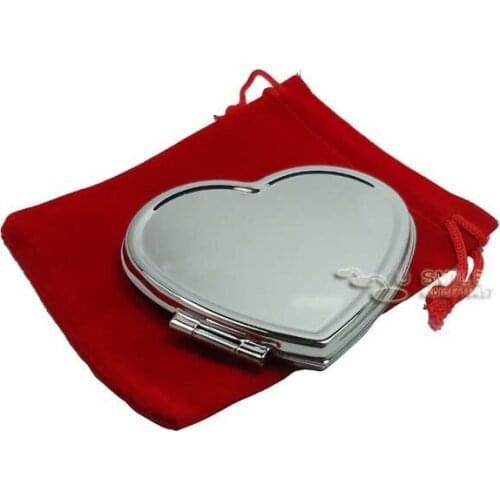 Silver Heart Shaped Compact Mirrors Blank Makeup Mirror +FREE RED POUCHES Bridal Wedding Favors Gift 10X #18038
