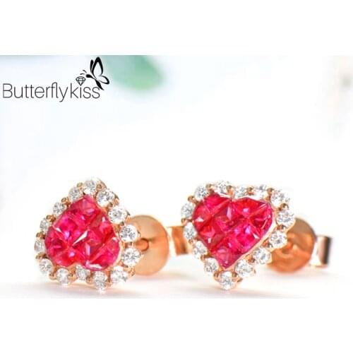 BK 18k Genuine Gold 585 Heart Stud Earrings For Women Natural Ruby Gemstone White Rose Yellow Gold Romantic Engagement Jewelry