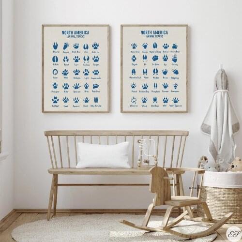 North America Animal Tracks Poster Animal Field Guide Canvas Painting and Prints Farmhouse Wall Art Picture Rustic Nature Decor
