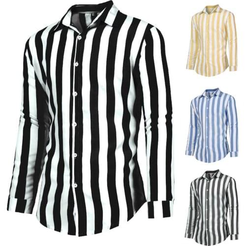 Stylish simple lapel vertical stripes loose buttons long sleeve mens three-color shirt top