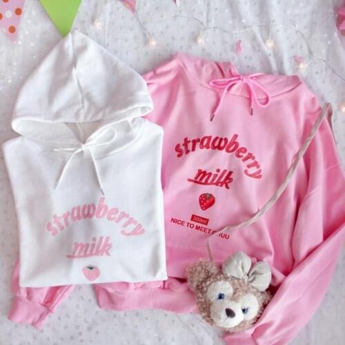 Harajuku Kawaii Strawberry Milk Graphic Hoodie Sweatshirt Women Chic Tumblr Vintage Cute Pink Casual Sweet Girls Tops Pullover