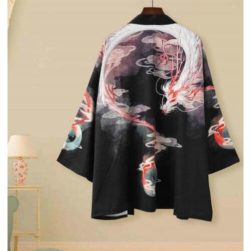 Japanese Kimono Ukiyo-e Robe Yukata Chinese Dragon Male And Female Samurai Couples Three-quarter Sleeve Cloak Hawaiian Shirt