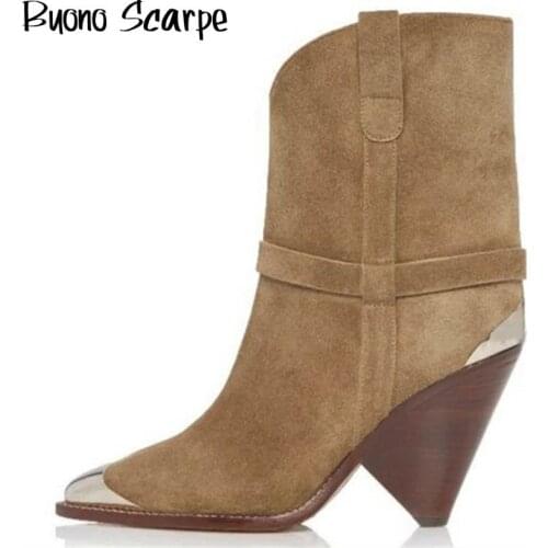 Metal Toe High Heel Women Boots Genuine Leather Short Ankle Boots Suede Leather Pointed Toe Heels Shoes Ladies Matin Boots 2020