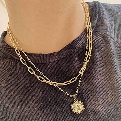 English Letter Pendant Necklace Hexagon 2021 Bohemian Multilayer Chains Necklaces for Women Jewelry Anniversary Gift Naszyjnik