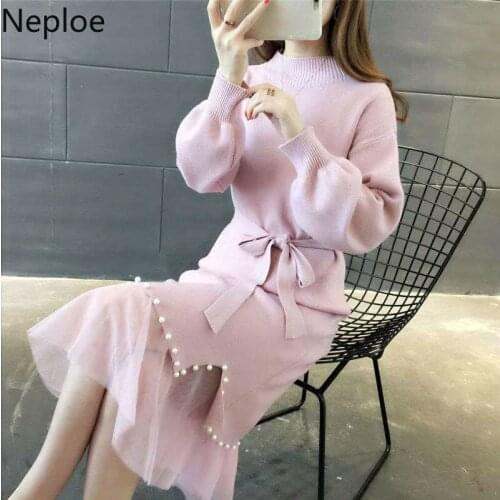 Neploe Autumn Sweater Women Vestido De Fiesta De Noche Half High Collar Lace Bead Patch Dress Autumn Winter Irregular Robe 46253