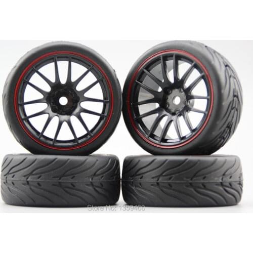 4pcs RC 1/10 Soft Rubber On Road Car Tire Tyre Wheel Rim V14SR 3mm Offset(Painting Red) 10319(3)+Rubber Tire