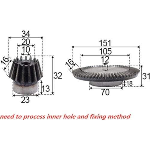 5:1 bevel gear 2modulus 15teeth with 75teeth inner hole 10-12mm 90 degree drive reverse steel gear steel gear