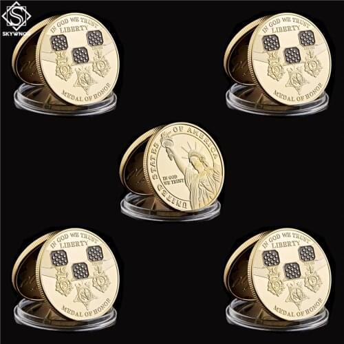 5PCS America In God We Trust Medal Of Honor 999/1000 Gold Liberty Challenge Coin USA Collection