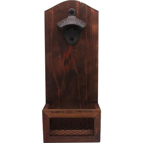 Bar Club Pub Kitchen Wood Wall Mounted Bottle Opener With Cap Catcher Gift