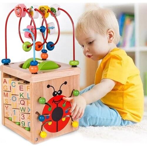 Children Multifunction Energy Treasure Box Wooden Bead Beetle Maze Natural Activity Toy Early Learning Education Math Clock