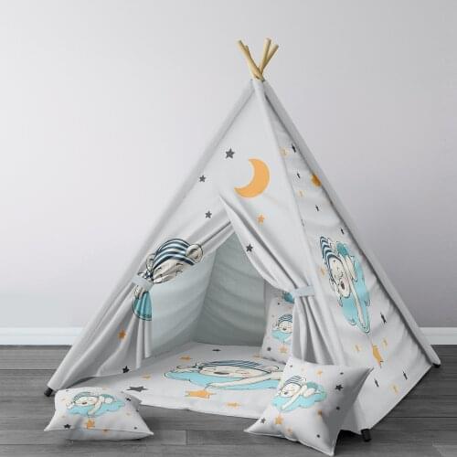 Play Tent for Kids Wigwam Portable Indoor Playground Tents Children Bedrooms Sleeping Bear Cloud Stars Blue Model 043