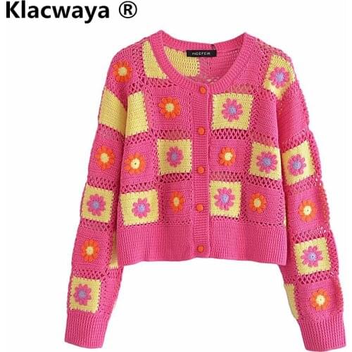 Klacwaya 2021 Women Fashion With Buttons Cropped Knit Crochet Cardigan Sweater Vintage Long Sleeve Female knitting Outerwear Top