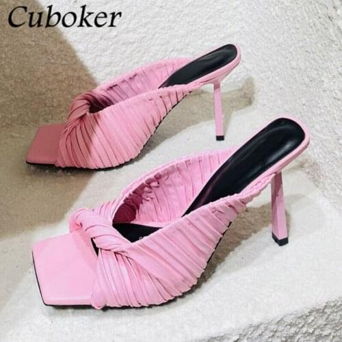 Square Toe High Heel Women Slippers Turn Over Tied Ladies Slides Summer Brand Runway Sweet Female Slip On Mules Women Slippers