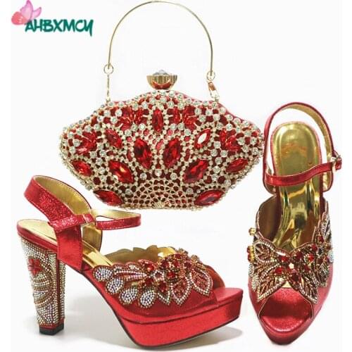 Latest Christmas New Design African Women Shoes and Bag to Match in Red Color Good Price Pumps for Wedding Party