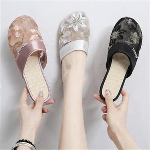 2021 New Womens Fashion Flat Shoes Indoor and outdoor 2021 Sapatos Flax for Comfortable Slippers Lace household linen slides