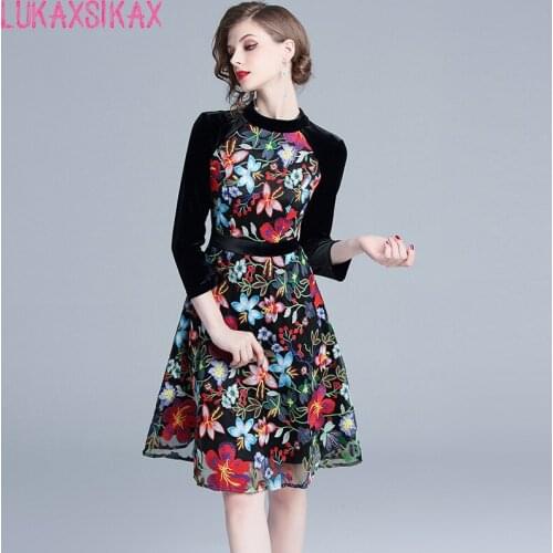 LUKAXSIKAX 2020 New Spring Autumn Women Dress High Quality Velvet Patchwork Gorgeous Flowers Embroidery Runway Dress