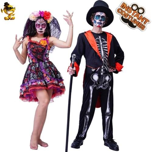 QLQ Adult Skull Ghost Bride Dress Cosplay Mens Ghost Groom Costume Role Play Scary Skeleton Clothes Halloween Costume