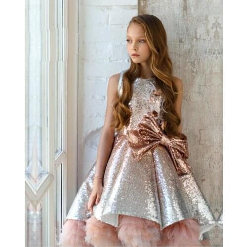 Pink Flower Girl Dresses For Weddings A-line Tulle Sequins Bow Sparkle First Communion Dresses For Little Girls