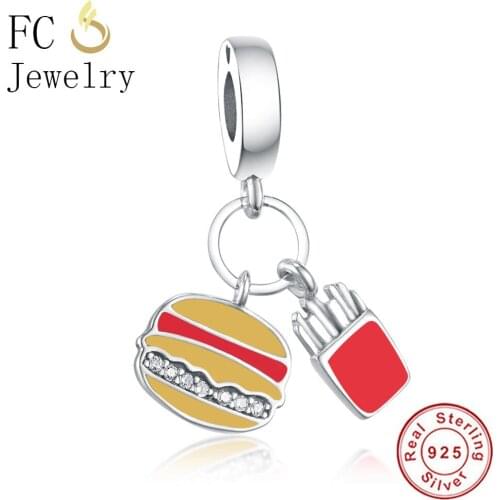 FC Jewelry Fit Original Brand Charm Bracelet 925 Sterling Silver Orange Enamel Hamburger French Fries Beads Pendant Berloque