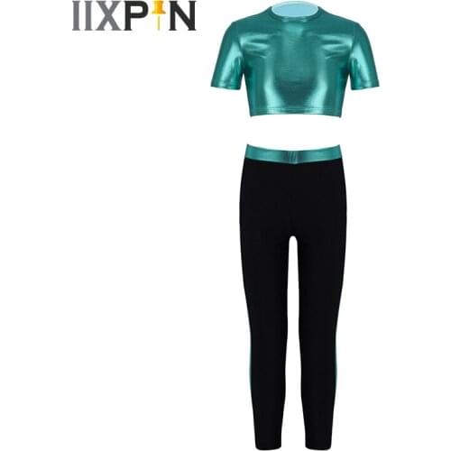 Kids Girls Tracksuit Outfits Hip Hop Jazz Dance Costume Sets Short Sleeve Crop Top With Pants Leggings For Ballet Dance Workout